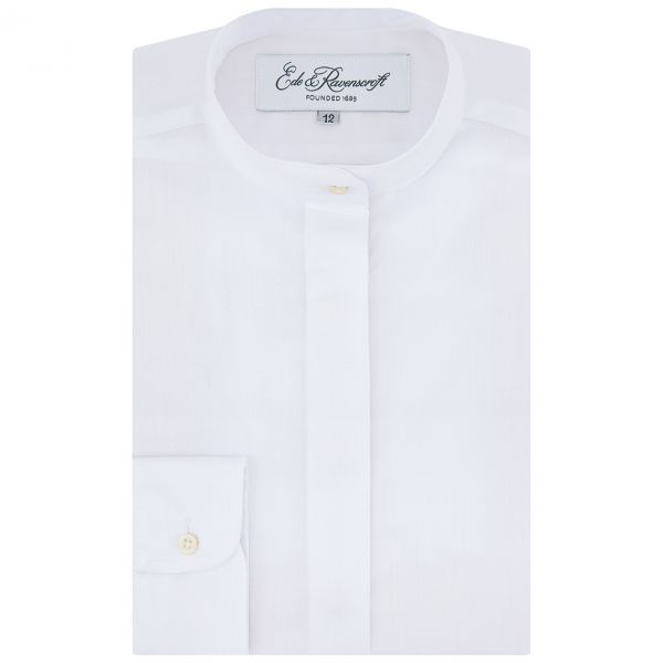 Womens White Two Fold Cotton Dobby Mandarin Collar Shirt